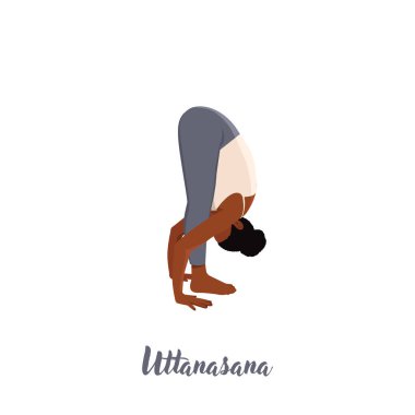 Woman doing Uttanasana. Standing forward bend. Caucausian woman performing yoga posture. Flat vector illustration isolated on white background clipart