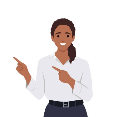 Kadın eli, sol üst köşeyi mutlu bir ifadeyle işaret ediyor ve tavsiyeler bu fotokopi alanını akıllıca kullanıyor. Düz vektör çizimi beyaz arkaplanda izole edildi