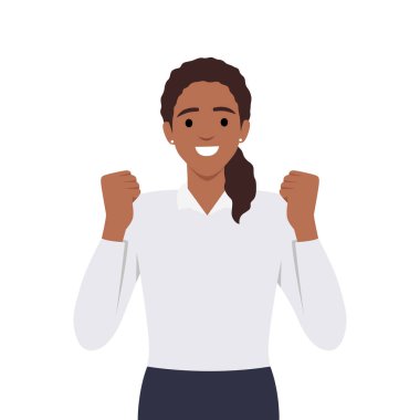 Mutlu başarılı genç kadın el kaldırıyor. Kadın başarıyı kutluyor, el kol hareketi yapıyor. İnsani duygular ve vücut dili kavramı. Düz vektör çizimi beyaz arkaplanda izole edildi