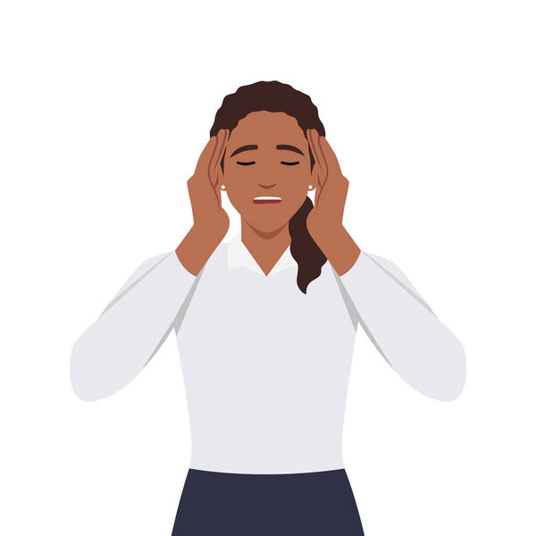 Молодая женщина открыла рот, хватаясь за голову обеими руками, страдая от головной боли, паники и депрессии. Плоская векторная иллюстрация на белом фоне