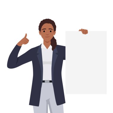 Elinde boş ya da boş bir kağıt ya da pano tutan ve işaret eden mutlu genç bir kadın. İnsani duygular ve vücut dili kavramı. Düz vektör çizimi beyaz arkaplanda izole edildi