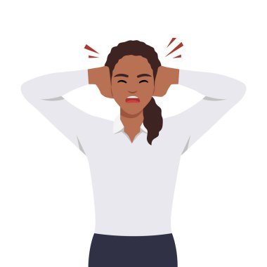 Genç bir kadın elleriyle kulaklarını kapatıyor. Düz vektör çizimi beyaz arkaplanda izole edildi