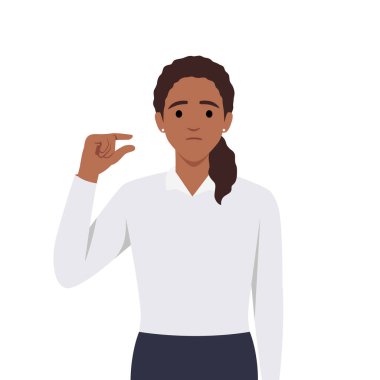 Biraz ve küçük bir miktar konsept. Gülümseyen genç kadın çizgi film karakteri küçük bir jest yapıyor. Düz vektör çizimi beyaz arkaplanda izole edildi