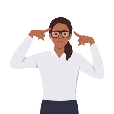 Kafasını gösteren genç bir kadın. Odaklanmış dişiler beyin kullanmak, düşünmek ve daha fazla düşünmek isterler. Düz vektör çizimi beyaz arkaplanda izole edildi