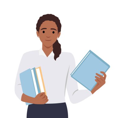 Elinde kitap tutan gözlüklü genç çekici bir kadın. Düz vektör çizimi beyaz arkaplanda izole edildi