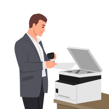 Baskıdan yazıcıya tipografide çalışan genç bir adam. Konsept çalışanı karakteri, elektronik aygıt, dizüstü bilgisayar, boya servisi. Düz vektör çizimi beyaz arkaplanda izole edildi