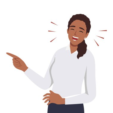 Genç bir kadın işaret ederken gülüyor. Düz vektör çizimi beyaz arkaplanda izole edildi