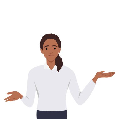 Kafası karışmış genç bir kadın karakter ayakta duruyor ve ikisi arasında seçim yapıyor. Düz vektör çizimi beyaz arkaplanda izole edildi