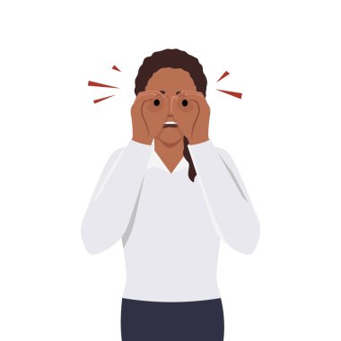 Dürbün yerine ellerle ekrana bakan meraklı kadın başka birinin sırrını öğrenmek istiyor. Odaklanmış bayan, uzaktaki objeye daha yakından bakmak için avuçlarını kaldırır. Düz vektör illüstrasyonu