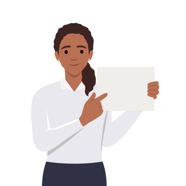 Elinde beyaz boş tahtası olan ve parmağını gösteren bir kız. Metnin ya da sloganın için boş tabela gösteren mutlu bir kadın. Düz vektör çizimi beyaz arkaplanda izole edildi