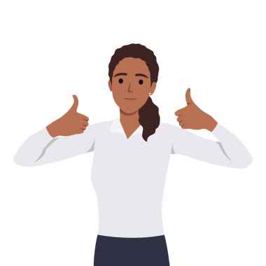 Gülümseyen genç bir kadın iki eliyle baş parmak işareti yapıyor. Düz vektör çizimi beyaz arkaplanda izole edildi