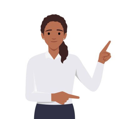 Gülümseyen kadın işaret ediyor. Düz vektör çizimi beyaz arkaplanda izole edildi