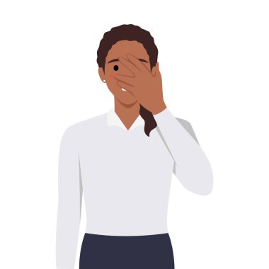 Genç esmer kadın utanarak yüzünü örtüyor. Düz vektör çizimi beyaz arkaplanda izole edildi