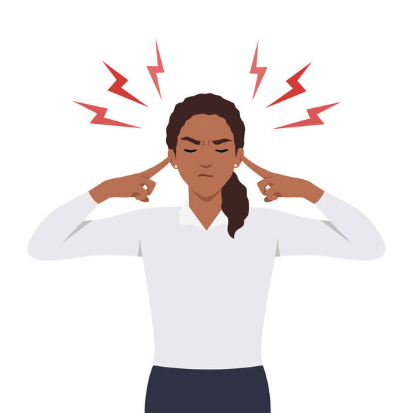 Young woman covering his ears with her hands. Flat vector illustration isolated on white background