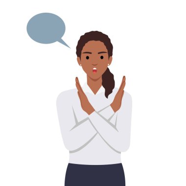 Genç bir kadın olumsuz jest yaparak HAYIR diyor. Reddedilme, inkar etme, kadın seçimine katılmama. Düz vektör çizimi beyaz arkaplanda izole edildi