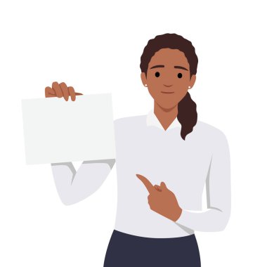 Elinde beyaz boş tahtası olan ve parmağını gösteren bir kız. Mutlu kadın, boş tabela ve fotokopi alanı gösteriyor. Düz vektör çizimi beyaz arkaplanda izole edildi