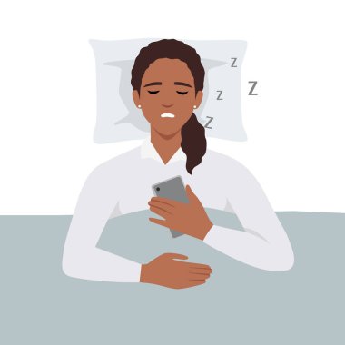 Genç bir kadın yatakta horluyor, yüksek sesle horluyor ve derin bir uykuda telefonu tutuyor. Düz vektör çizimi beyaz arkaplanda izole edildi