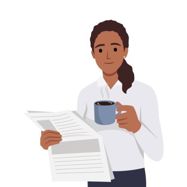 Genç ve mutlu bir kadın kahve içip gazete okuyor. Gülümseyen kız sabah çayı ya da kahveyle derginin tadını çıkarıyor. Düz vektör çizimi beyaz arkaplanda izole edildi