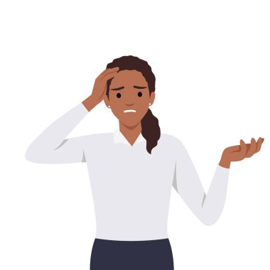 Düz tasarımla elini başını tutan unutkan kadın. Unutkanlık. Genç dişinin hafıza sorunu var. Düz vektör çizimi beyaz arkaplanda izole edildi