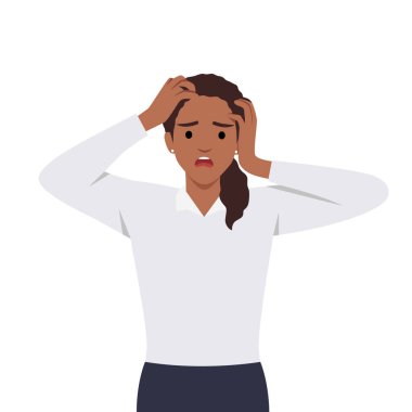 Hayal kırıklığına uğramış genç bir kadın başının üstünde el ele tutuşuyor. Korkmuş ya da şok olmuş bir kızın ifadesi. Mutsuz üzgün kadın çığlığı. Duygusal stres yüzünden. Endişeli insanlar vektör karikatüründeki illüstrasyon kavramını.