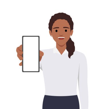 Düz, neşeli, genç bir kadın elini kaldırdı. Cep telefonundaki boş ekranı göstermek için. Konsept çizimi yaparken. Düz vektör çizimi beyaz arkaplanda izole edildi