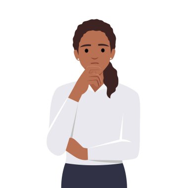 Eli çenesinde bir düşünce, düşünce ya da soru soran güzel bir kadın. Düz vektör çizimi beyaz arkaplanda izole edildi