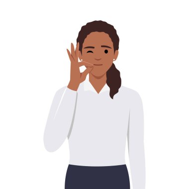 Güzel, genç bir kadın, iyi, mükemmel, sıfır, iyi bir işaret, beyaz arka planda izole edilmiş. Lezzetli yemekler için yüz ifadesi ve el hareketi. Düz vektör çizimi beyaz arkaplanda izole edildi