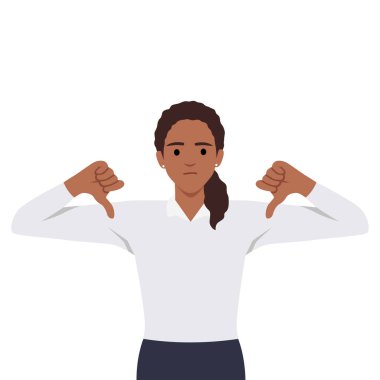 Mutsuz genç bir kadın, kötü hizmet yüzünden hoşnutsuz olduğunu gösteriyor. Sıkıntılı bir kadın hoşnutsuzluk ve hoşnutsuzluk gösterir. Düz vektör illüstrasyonu