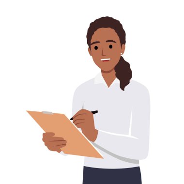 Elinde dosya ve yazı tutan genç bir kadın. Çizgi film tarzında vektör illüstrasyonu. Düz vektör resmi