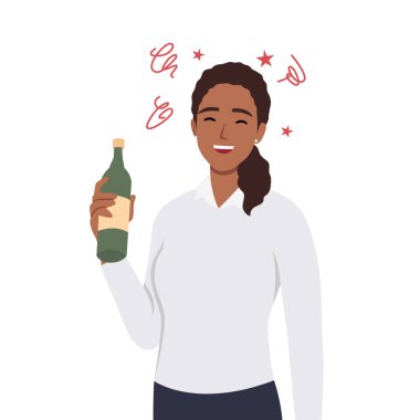 Elinde alkol şişesi olan sarhoş bir kadın. İşten sonra bira içmek. Alkol bağımlılığı. Düz vektör çizimi beyaz arkaplanda izole edildi