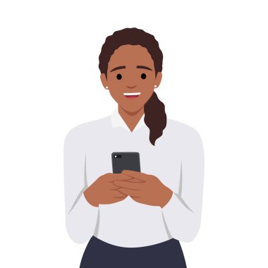 El altında cep telefonu tutan güzel dalgalı saç stili kadın. Düz vektör çizimi beyaz arkaplanda izole edildi