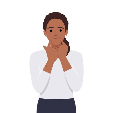 Güzel, genç, mutlu, gülümseyen, güzel beyaz gülüşünü gösteren, ağzı işaret eden bir kız. Beyaz arka planda izole edilmiş düz vektör çizimi.