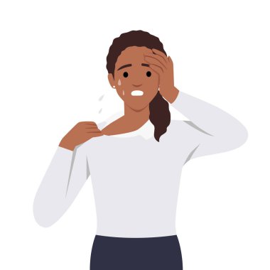 Sıcak ve terli susuzluk çeken güçlü güneş ışığı yüzünden gömleğini çekiştiren bir kadın. Düz vektör çizimi beyaz arkaplanda izole edildi