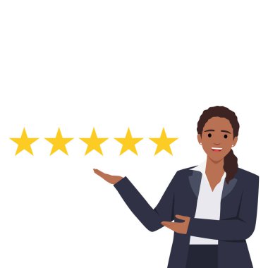 Kadın müşteri beş yıldız veriyor. Müşteri İncelemesi. Geri bildirim. Düz vektör çizimi beyaz arkaplanda izole edildi