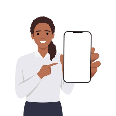 Kadın boş akıllı telefon ekranı gösteriyor ve onu işaret ediyor. Düz vektör çizimi beyaz arkaplanda izole edildi
