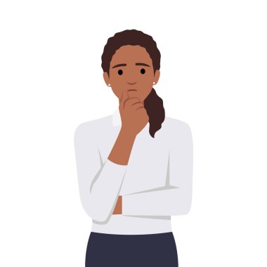 Eli çenesinde bir düşünce, düşünce ya da soru soran güzel bir kadın. Düz vektör çizimi beyaz arkaplanda izole edildi