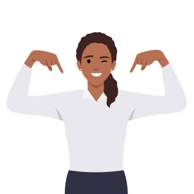 Beyaz boş afişin arkasında duran ve fotokopi alanını gösteren genç bir kadın. Düz vektör çizimi beyaz arkaplanda izole edildi