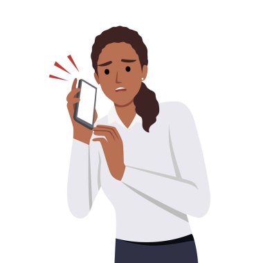 Şok olmuş genç bir kadın telefonda ya da cep telefonuyla konuşuyor. Şaşırmış bir ifadeyle şokta. Şaşırmış, kaşlarını çatmış bir kadın arıyor. Düz vektör çizimi beyaz arkaplanda izole edildi