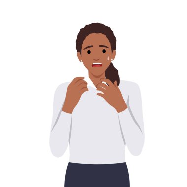 Endişe ve stres konsepti. Çekici, sevimli, korkmuş, endişeli, çizgi film karakteri tırnak yiyen, stresli genç kız portresi. Düz vektör çizimi beyaz arkaplanda izole edildi