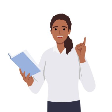 Açık kitabı olan öğretmen kadın. Öğretmenlik hocası. Düz vektör çizimi beyaz arkaplanda izole edildi