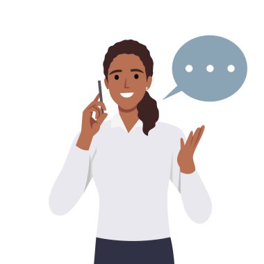 Genç bayan Jane telefonla konuşuyor, telefonla arıyor. Akıllı telefon konseptiyle iletişim ve sohbet. Düz vektör çizimi beyaz arkaplanda izole edildi