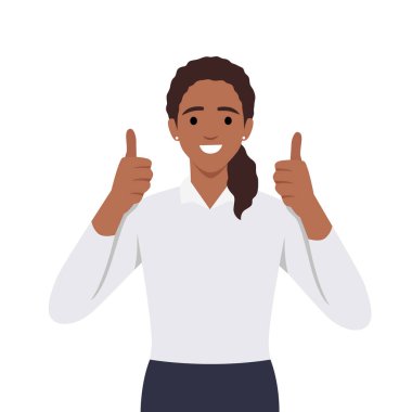 Güzel bir kadın bir onay jesti gösterir. Güzel mi, tamam mı? Başparmağını kaldır. Düz vektör çizimi beyaz arkaplanda izole edildi