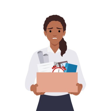 Gözlüklü, sıkıntılı bir kadın. Ofisten çıkarılmış kişisel eşyaları var. Mutsuz kadın çalışan şirketten atıldı. Kovma ve kovma. Düz vektör çizimi beyaz arkaplanda izole edildi