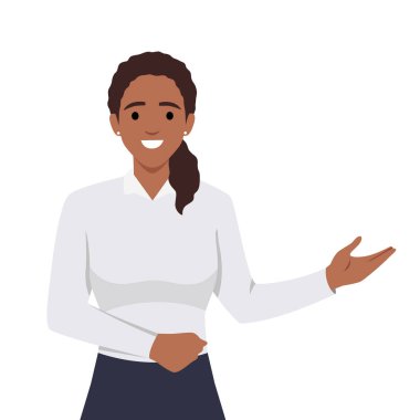 Güzel İş Kadını Yöneticisi sunum yapıyor. Düz vektör çizimi beyaz arkaplanda izole edildi