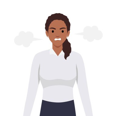 Kulaklarından buhar fışkıran genç ve kızgın bir kadın. Düz vektör çizimi beyaz arkaplanda izole edildi