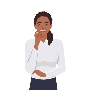 Mutluluk, gülmek, gülümsemek, olumlu duygular. Mavi saçlı mutlu genç kız çizgi film karakteri. Ağzını eliyle kapatıyor ve şaka ya da komik duruma gülüyor. Düz vektör çizimi beyaz arkaplanda izole edildi