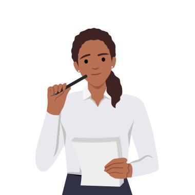 Şirin kadın not defterine bazı notlar yazıyor. Genç öğrenci kız elinde kalemle düşünceli. Düz vektör çizimi beyaz arkaplanda izole edildi