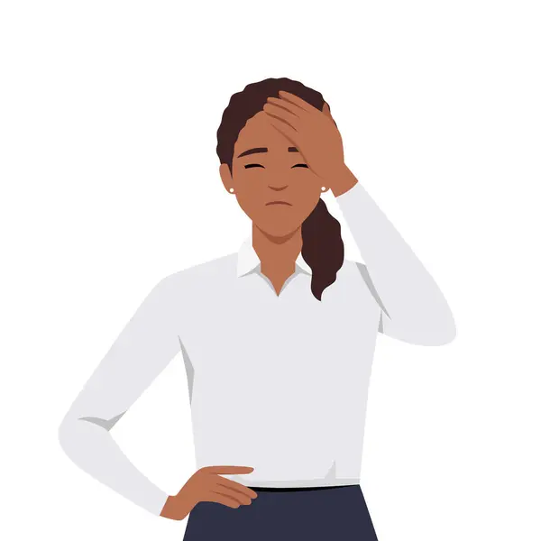 Portrait Black Woman Touching Her Head Suffering Painful Headache Flat — Stock Vector