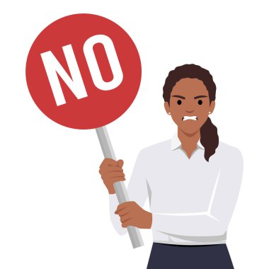 Üzerinde yazı olmayan bir tahtayı tutarken kaşlarını çatan bir kadın. Düz vektör çizimi beyaz arkaplanda izole edildi