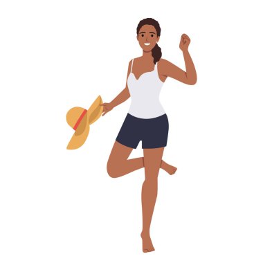 Bikinili Kadın, Uzun Bacaklı Seksi Kızlar Mutlu Gülümseyen Şapka Giyiyor. Düz vektör çizimi beyaz arkaplanda izole edildi